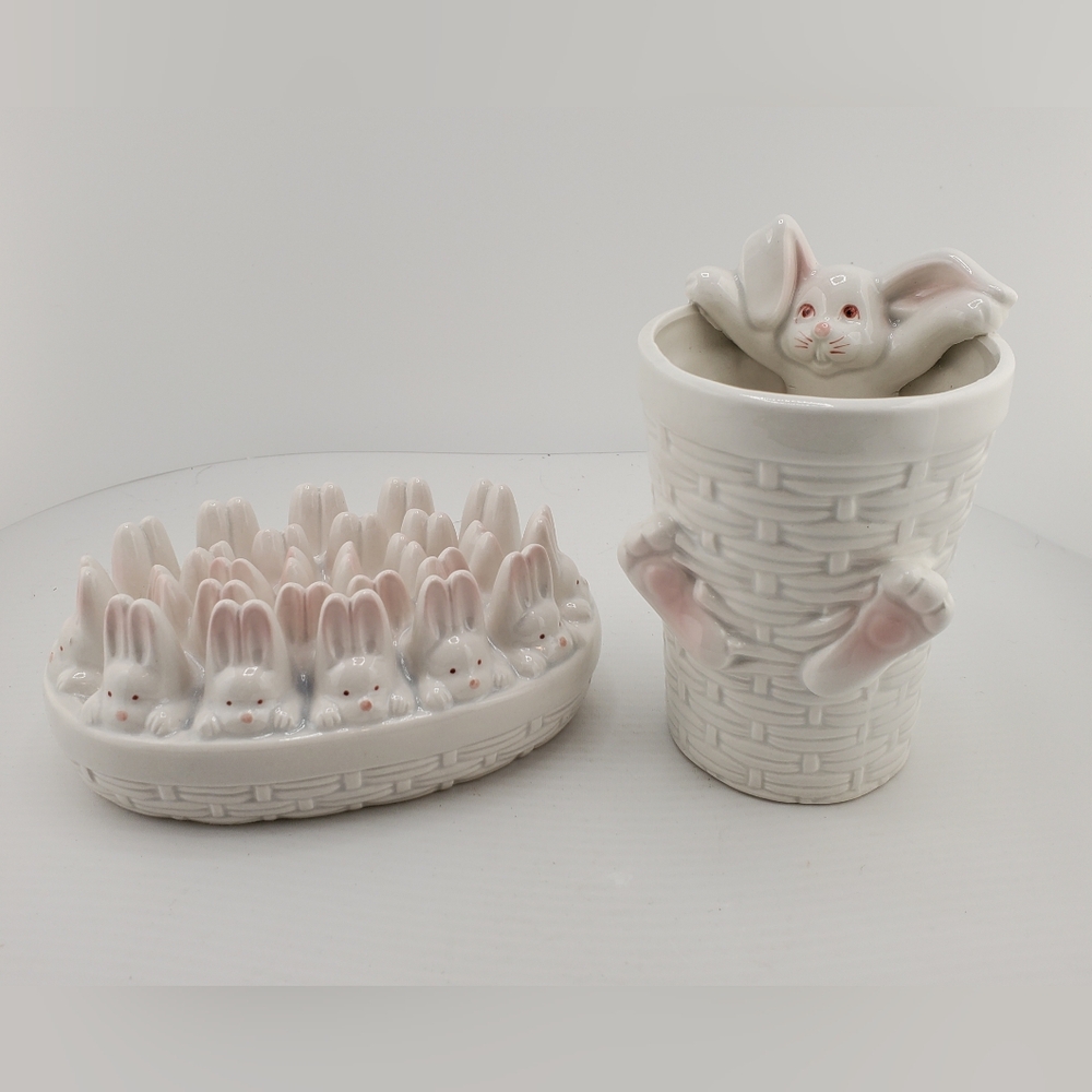 Fitz And Floyd Bunny Soap Dish Tumbler Set